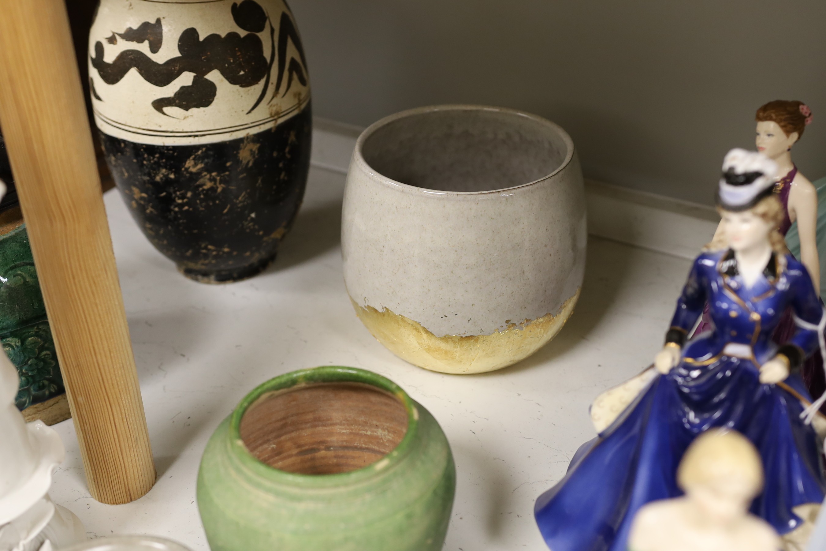 A group of Chinese and studio ceramic vases and bowls, to include a figure of Guangyin, 37.5cm tall